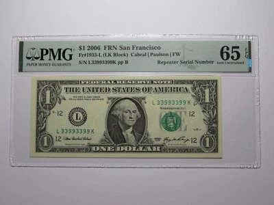 $1 2006 Fancy Repeater Serial Number Federal Reserve Currency Bank Note 33993399 - Image 1 of 3