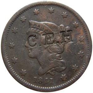 Large cent 1841 higher grade counterstamp C.E.H - Picture 1 of 3