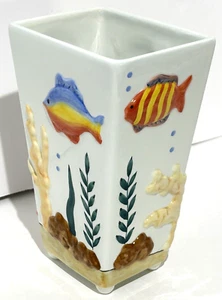 8" Porcelain Fish Vase Beach Home Decor Footed Pottery Sunfish Rainbow Trout Sea - Picture 1 of 7