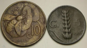 ITALY 5 Centesimi 1919 R & 10 Centesimi 1919 R - 2 Copper Coins - 758 * - Picture 1 of 2