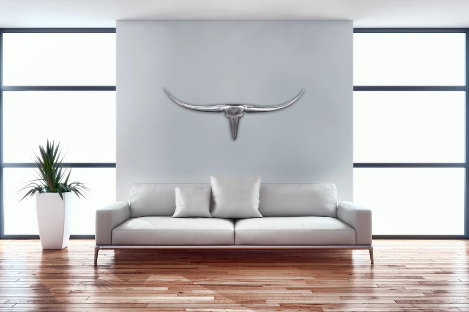 FineBuy Deko Geweih Bull M Aluminium Design Hörner 100cm Wanddekoration Silber - Bild 1 von 4