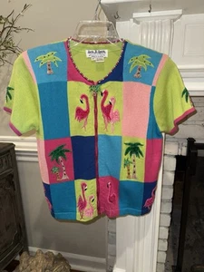 Jack B Quick Zip Up Cardigan Sweater Blue Green Pink Flamingo Palm Trees Petite - Picture 1 of 12
