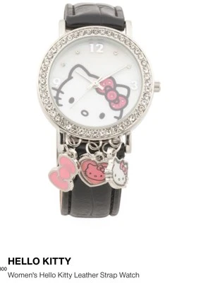 *new* Hello Kitty Silver Charm Black Leather Strap Watch - Image 1 of 4