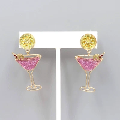 Pendientes Pink Martini Cóctel Tono Dorado Cuelgan 2" Foto 1 de 4