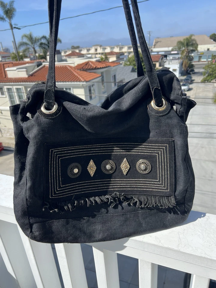 White Elephant Florence Italy linen canvas black fringe beaded tote aztec hippie - Image 1 of 4