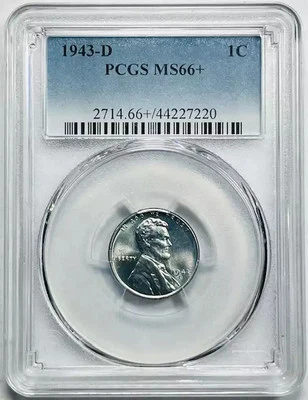 1943 D Small Cents Lincoln Wheat Steel Penny PCGS MS-66+ Plus - Image 1 of 2