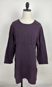Vintage 90s Linen Dress Womens Medium Eggplant Purple Gingham Plaid Lagenlook - Picture 1 of 12