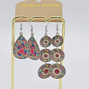 2 Pc Dangling Multicolor Enamel & Beaded Earrings Set - Picture 1 of 6