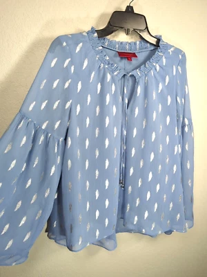 NWT Jennifer Lopez Women's Size XS Blue & Silver Blouse Sheer Long Sleeve Top - Image 1 of 4