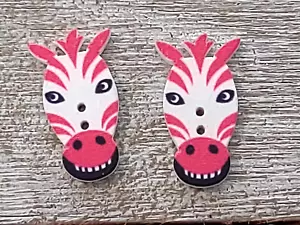 2 Pink Zebra Sewing Buttons Crafting Wood 2 Hole 1.25" x .75" - Picture 1 of 2