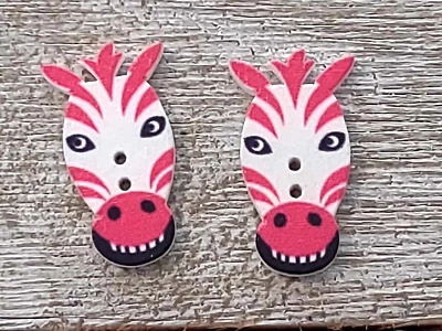 2 Pink Zebra Face Sewing Buttons Crafting Wood 2 Hole 1.25" x .75"  - Image 1 of 2