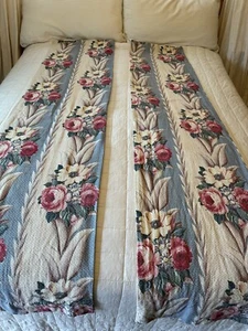Vtg Glen Court Bark Cloth Fabric 2 Curtain Panels Deluxe Roses Blue Cream 18x76” - Picture 1 of 24
