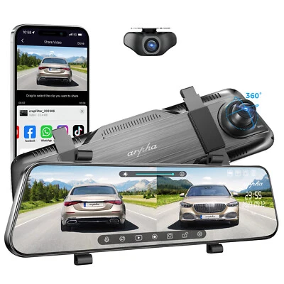 Rearview Mirror Dash Camera 10"Full Touch Screen WiFi 1080P Front +Rear Car DVR - Image 1 of 4