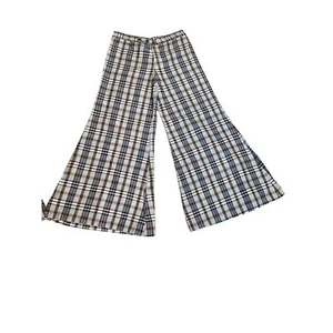 Vintage 70s Bell Bottom Blue Brown Plaid Flared Wide Leg 28 Inch High Waist Pant - Picture 1 of 9