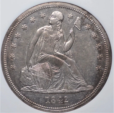 1842  SEATED LIBERTY "NO MOTTO" DOLLAR NGC VERY CHOICE ABOUT UNCIRCULATED 58 Cover