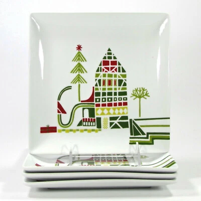 Crate & Barrel YULE TOWN 8" Square Salad Dessert Plate Set 4P Julia Rothman Mint - Image 1 of 4