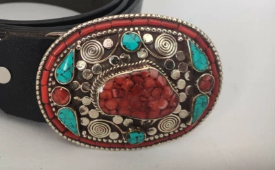 Hebilla de cinturón de plata tibetana para cinturón trampa de cintura cierre de coral turquesa, B46 Foto 1 de 3