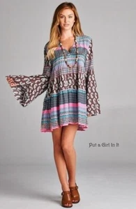 New Womens VELZERA PINK BROWN PAISLEY BOHO SHABBY CHIC FLARE SHIRT TUNIC S M - Picture 1 of 4