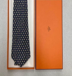 New Unused HERMES Neck Tie Navy Flower 100%Silk With Box Made in France - Picture 1 of 11