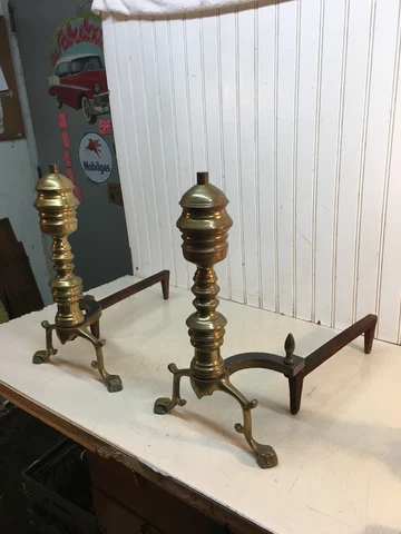 Pair of Antique Heavy Brass Andiron/ Fire Dogs 16” High In Front Cover