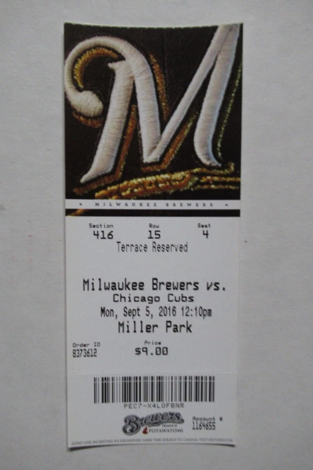 MILWAUKEE BREWERS VS CHICAGO CUBS 9/5/2016 ПОЛНЫЙ БИЛЕТ ~ CARTER/BRAUN HRS  - Изображение 1 из 1