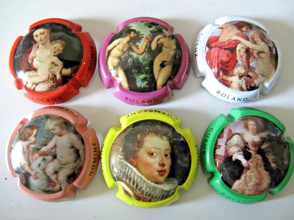 Série de 6 NEW. caps. de champagne BOLAND NOMINE, toile de maitre