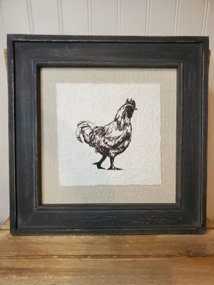 Rustic Farmhouse Print Black Wood Frame ROOSTER Printed on Textured Paper 10x10 - Image 1 of 3