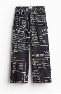 H&M who decides War x Besquiat cargo denim jeans printed pants flared 36x32 - Picture 1 of 11