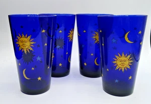 Vintage Libbey Cobalt Blue Celestial Moon and Stars Tumbler 16 oz Set of 4 - Picture 1 of 7