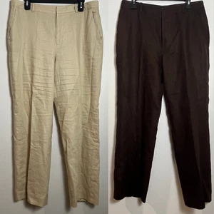 CHAPS Lot of 2 Linen Pants Women's 12 Beige & Brown Set of Straight Leg Trousers - Picture 1 of 10