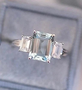 950 Platinum Certified Lab Grown Diamond Wedding Ring 2.50 CT Emerald Aquamarine - Picture 1 of 15