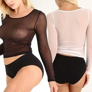 T-shirt femme en maille crop top transparent manches longues - Picture 1 of 29