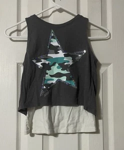 Justice Active Tank Top Size 10 Layered Gray White Camo Star Graphic  - Picture 1 of 5