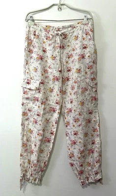 Moda International Linen Floral Cargo Pants Size 8 White Pink Y2K Beach Cottage - Image 1 of 4