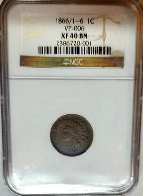 1866/1-6 INDIAN HEAD PENNY CENT NGC XF-40 "VP-006" - Image 1 of 4