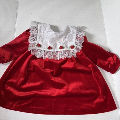 Vestido de bebé vintage aterciopelado rojo manga larga encaje cuello babero rosetas 2T Foto 1 de 4