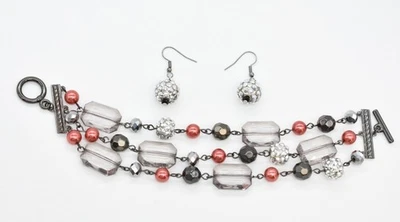 8.25" Black Plated Crystal Red Faux Pearl Multi-strand Toggle Bracelet/Earrings - Image 1 of 3