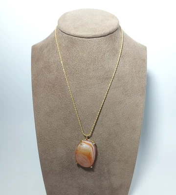 Collana Argento 925 Dorata e Ciondolo Pietra Dura Naturale Agata Marrone Striata - Immagine 1 di 4
