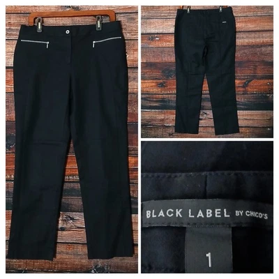 Chicos Black Label Pants Size 1 US 8 Black Slim Ankle Zipped Pockets Stretch  - Image 1 of 4
