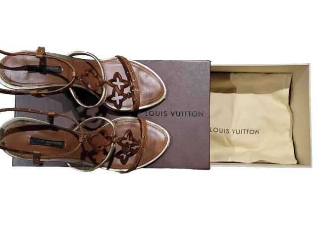 Louis Vuitton Beige Monogram Denim & Leather Espadrilles Wedge Sandals Size  37.5 Louis Vuitton