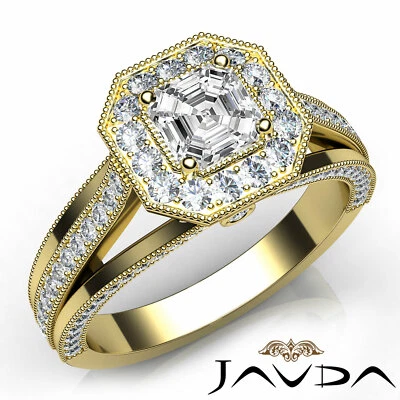 Anillo de compromiso Asscher diamante vástago dividido halo bisel milgrain GIA G VVS2 1,4 quilates Foto 1 de 4