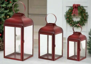 Primitive Farmhouse Christmas 3 pc Rustic Red Lanterns 10"-16"H Metal/Glass - Picture 1 of 3