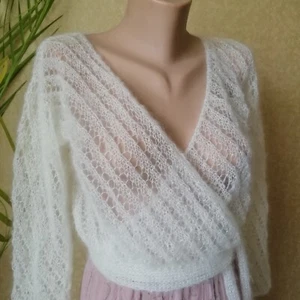 Women Cardigan Lace Knitted Mohair Sweater Openwork Cropped Ballet Wrap Jacket - Picture 1 of 15