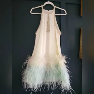 New Mac Duggal 11437 White Rhinestone Feather Trim Halter Neck Mini A-line Dress - Picture 1 of 14