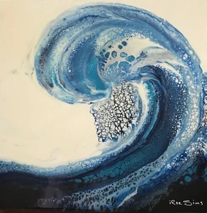 Arte surf wave hawaiana blu oceano 12""x 12"" originale pittura acrilica - Foto 1 di 4