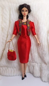Outfit Dress Coat Bag Fits Silkstone Doll Barbie FR Handmade Flower Red Silk - Picture 1 of 10