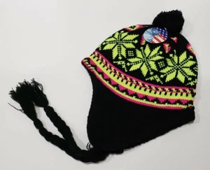NWT Girls Women Knit Winter Hat Beanie Ear Flap Tassel Black/Yellow Outdoor Ski  - Picture 1 of 6