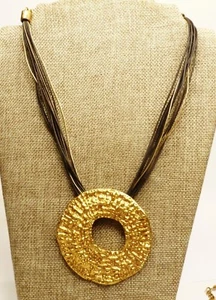 A58) Chico's 3" Gold-tone  Pendant on 12 Strands of Brown, Pewter, & Bronze Cord - Picture 1 of 4