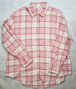 Old Navy The Boyfriend Shirt Pink Beige Neutral Plaid Flannel Long Sleeve L NWT - Picture 1 of 6