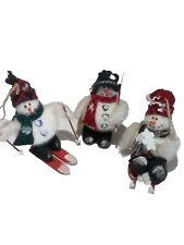3 Vintage Christmas 7" Skiing 5.5" Sledding 6" Shovel Tall Snowmen Ornaments